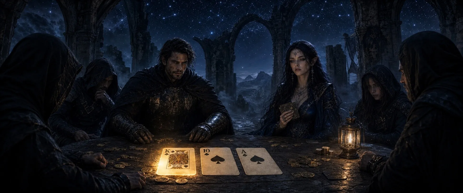 Masked adventurers playing cards beneath a starry ruined hall